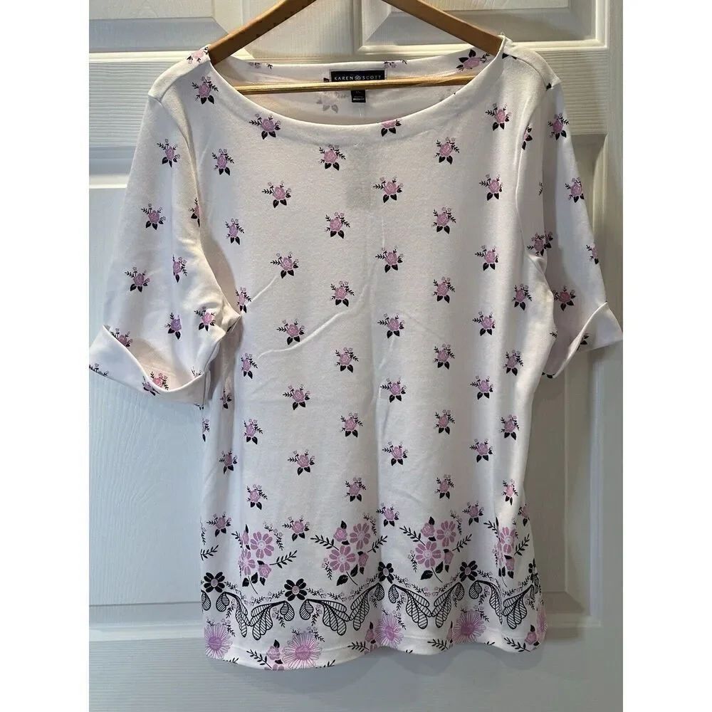 Karen Scott White Floral Cuffed Sleeve Stretch T-Shirt Top Womens Size XL